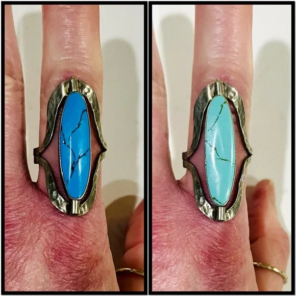 RARE VTG Reversible Artisan Ring, Tibetan Silver,Dual Turquoise Cabochons, Sz 9 - Picture 2 of 11